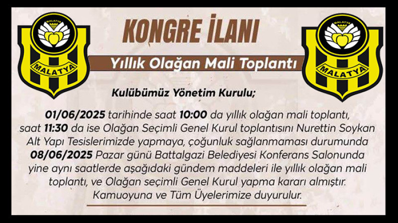 Yeni Malatyaspor 1 Haziran Pazar Günü Kongreye Gidecek