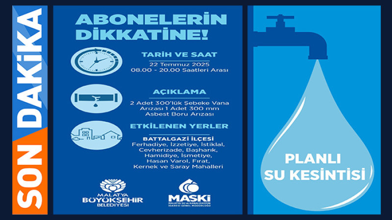 Battalgazi’ye Bağlı 11 Mahallede 22 Temmuz Salı Günü Su Kesintisi Yaşanacak