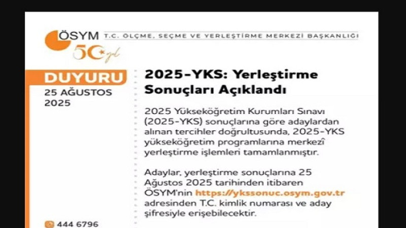 2025 Yükseköğretim Kurumları Sınavı (2025-YKS) Sonuçları Açıklandı.