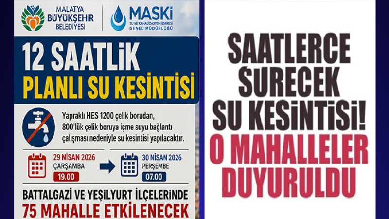 Malatya’da 75 Mahallede 12 Saatlik Planlı Su Kesintisi: 